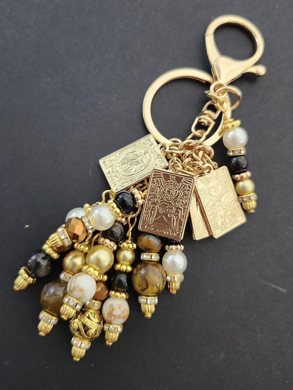 Tarot Card Bag Charm or Keychain Tigers Eye Silver Obsidian Handcrafted